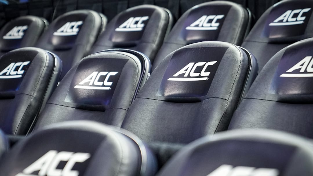 Mar 8, 2024; Greensboro, NC, USA; General view of the ACC logo before the game between Notre Dame vs Louisville at Greensboro Coliseum. Mandatory Credit: David Yeazell-Imagn Images
