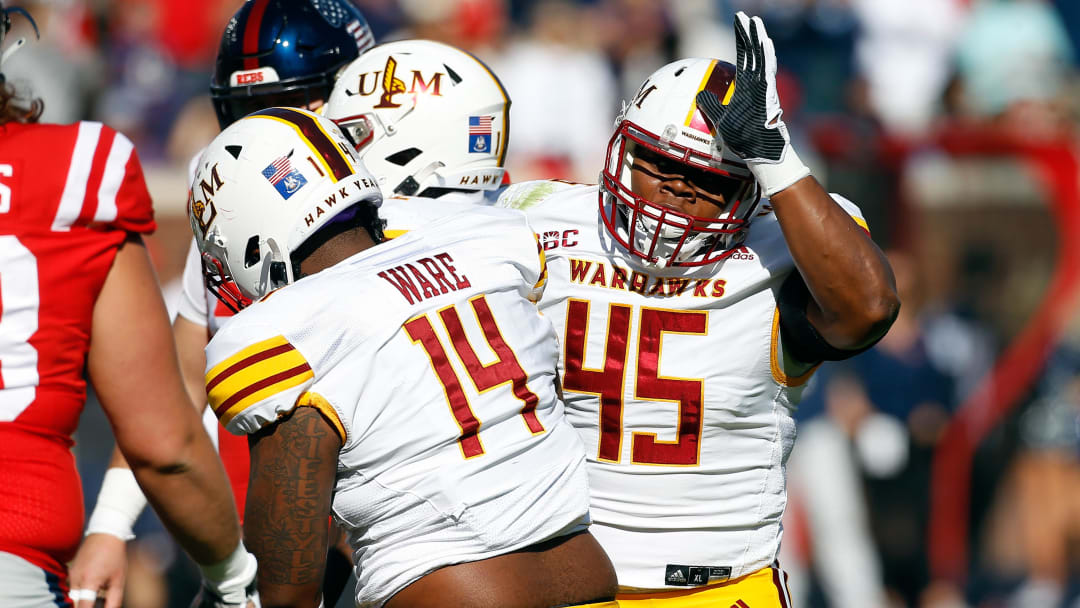 Nov 18, 2023; Oxford, Mississippi, USA; Louisiana Monroe Warhawks defensive linemen Adin Huntington (45) reacts after a defensive stop during the first half against the Mississippi Rebels at Vaught-Hemingway Stadium. 