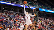 Mar 8, 2024; Greensboro, NC, USA; Miami Hurricanes forward Latasha Lattimore (35) blocks the attempted shot of Virginia Tech Hokies guard Carleigh Wenzel (1) in the first half at Greensboro Coliseum. Mandatory Credit: David Yeazell-Imagn Images