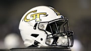 Nov 21, 2019; Atlanta, GA, USA; Georgia Tech Yellow Jackets helmet is seen on the sideline in the first half against the North Carolina State Wolfpack at Bobby Dodd Stadium. Mandatory Credit: Brett Davis-Imagn Images