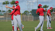 Feb 15, 2024; Jupiter, FL, USA;  St. Louis Cardinals starting pitcher Adam Kloffenstein (66) warms-up during workouts at Spring Training.