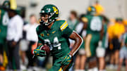 Sep 13, 2025; Waco, Texas, USA;  Baylor Bears wide receiver Josh Cameron (34) during warmups before the game against the Samford Bulldogs at McLane Stadium. Mandatory Credit: Chris Jones-Imagn Images