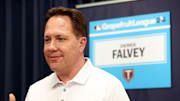 Feb 15, 2024; Tampa, FL, USA; Minnesota Twins president of baseball operations Derek Falvey talks with media at George M. Steinbrenner Field. Mandatory Credit: Kim Klement Neitzel-Imagn Images