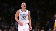 Jan 5, 2024; Los Angeles, California, USA; Memphis Grizzlies guard Desmond Bane (22) smiles after a three-point basket in the second half against the Los Angeles Lakers at Crypto.com Arena. Mandatory Credit: Jayne Kamin-Oncea-Imagn Images