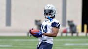 Jun 10, 2025; Arlington, TX, USA; Dallas Cowboys running back Jaydon Blue (34) goes through a drill during practice at the Ford Center at the Star Training Facility in Frisco, Texas. Mandatory Credit: Chris Jones-Imagn Images