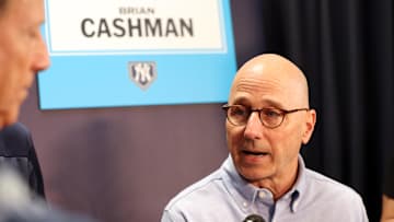 New York Yankees general manager Brian Cashman talks with media at George M. Steinbrenner Field.