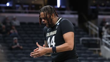Mar 24, 2024; Indianapolis, IN, USA; Colorado Buffaloes center Eddie Lampkin Jr. (44) reacts during the first half against the Marquette Golden Eagles at Gainbridge FieldHouse. Mandatory Credit: Trevor Ruszkowski-USA TODAY Sports