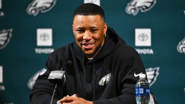 Mar 14, 2024; Philadelphia, PA, USA; Philadelphia Eagles running back Saquon Barkley speaks during a press conference after signing with the team. Mandatory Credit: Kyle Ross-USA TODAY Sports