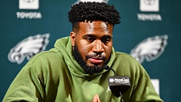 Mar 14, 2024; Philadelphia, PA, USA; Philadelphia Eagles linebacker Bryce Huff speaks during a press conference after signing with the team. Mandatory Credit: Kyle Ross-Imagn Images