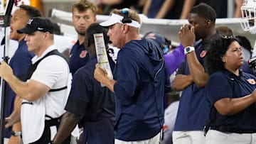 Aug 29, 2025; Waco, Texas, USA; Auburn Tigers head coach Hugh Freeze reacts on the sideline against the Baylor Bears during the first half at McLane Stadium. Mandatory Credit: Chris Jones-Imagn Images
