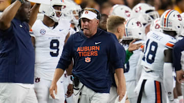Aug 29, 2025; Waco, Texas, USA; Auburn Tigers head coach Hugh Freeze reactsagainst the Baylor Bears during the second half at McLane Stadium. Mandatory Credit: Chris Jones-Imagn Images