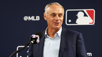 Feb 15, 2024; Tampa, FL, USA; MLB commissioner Rob Manfred talks with media at George M. Steinbrenner Field. Mandatory Credit: Kim Klement Neitzel-Imagn Images