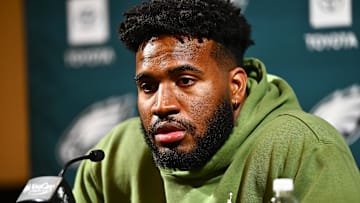 Mar 14, 2024; Philadelphia, PA, USA; Philadelphia Eagles linebacker Bryce Huff speaks during a press conference after signing with the team. Mandatory Credit: Kyle Ross-Imagn Images