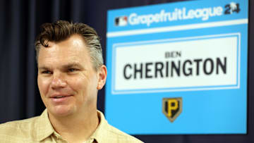 Feb 15, 2024; Tampa, FL, USA; Pittsburgh Pirates general manager Ben Cherington talks with media at George M. Steinbrenner Field. Mandatory Credit: Kim Klement Neitzel-Imagn Images