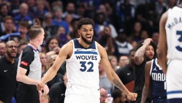 May 28, 2024; Dallas, Texas, USA; Minnesota Timberwolves center Karl-Anthony Towns (32) reacts during the fourth quarter against the Dallas Mavericks in game four of the western conference finals for the 2024 NBA playoffs at American Airlines Center. Mandatory Credit: Kevin Jairaj-USA TODAY Sports