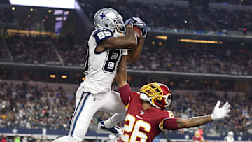 Nov 30, 2017; Arlington, TX, USA; Dallas Cowboys wide receiver Dez Bryant (88) makes a fourth quarter touchdown reception against Washington Redskins cornerback Bashaud Breeland (26) at AT&T Stadium. Mandatory Credit: Matthew Emmons-Imagn Images