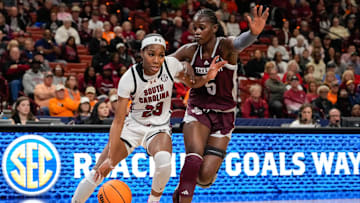 Mar 8, 2024; Greensville, SC, USA; South Carolina Gamecocks guard Bree Hall (23) drives to the basket against Texas A&M Aggies guard Aicha Coulibaly (5) during the first half at Bon Secours Wellness Arena. Mandatory Credit: Jim Dedmon-Imagn Images