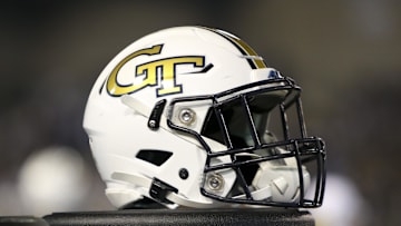 Nov 21, 2019; Atlanta, GA, USA; Georgia Tech Yellow Jackets helmet is seen on the sideline in the first half against the North Carolina State Wolfpack at Bobby Dodd Stadium. Mandatory Credit: Brett Davis-Imagn Images