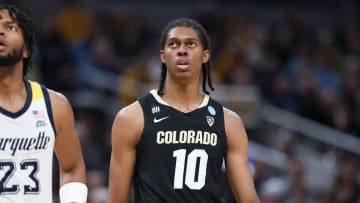 Mar 24, 2024; Indianapolis, IN, USA; Colorado Buffaloes forward Cody Williams (10) looks on during the first half against the Marquette Golden Eagles at Gainbridge FieldHouse. Mandatory Credit: Trevor Ruszkowski-USA TODAY Sports