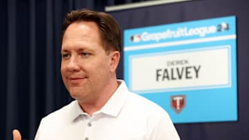 Feb 15, 2024; Tampa, FL, USA; Minnesota Twins president of baseball operations Derek Falvey talks with media at George M. Steinbrenner Field. Mandatory Credit: Kim Klement Neitzel-Imagn Images