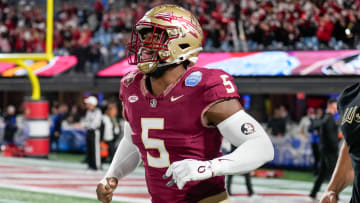 Dec 2, 2023; Charlotte, NC, USA; Florida State Seminoles defensive lineman Jared Verse (5) during