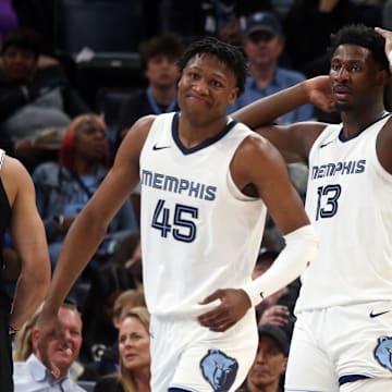 Feb 26, 2024; Memphis, Tennessee, USA; Memphis Grizzlies forward GG Jackson (45) and forward-center Jaren Jackson Jr. (13) react after a turnover during the first half against the Brooklyn Nets at FedExForum. Mandatory Credit: Petre Thomas-Imagn Images