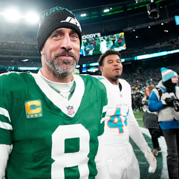 New York Jets quarterback Aaron Rodgers (8) is shown after he led Gang Green to a 32-20 victory against the Miami Dolphins, on Jan. 5, 2025, in East Rutherford, N.J.