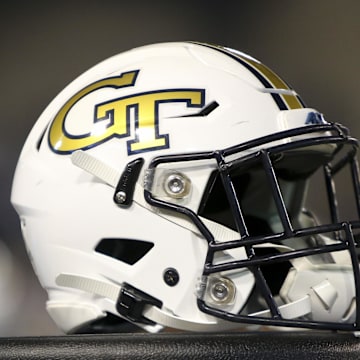 Nov 21, 2019; Atlanta, GA, USA; Georgia Tech Yellow Jackets helmet is seen on the sideline in the first half against the North Carolina State Wolfpack at Bobby Dodd Stadium. Mandatory Credit: Brett Davis-Imagn Images