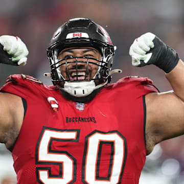 Jan 15, 2024; Tampa, Florida, USA; Tampa Bay Buccaneers defensive tackle Vita Vea (50) reacts after a play against the Philadelphia Eagles during the second half of a 2024 NFC wild card game at Raymond James Stadium. Mandatory Credit: Nathan Ray Seebeck-Imagn Images