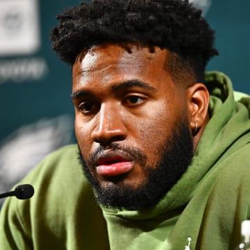 Mar 14, 2024; Philadelphia, PA, USA; Philadelphia Eagles linebacker Bryce Huff speaks during a press conference after signing with the team. 