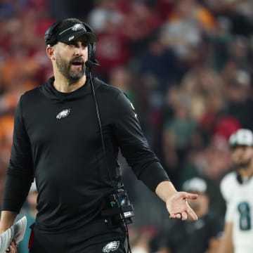 Jan 15, 2024; Tampa, Florida, USA; Philadelphia Eagles head coach Nick Sirianni reacts on the sideline during the second half of a 2024 NFC wild card game against the Tampa Bay Buccaneers at Raymond James Stadium. Kim Klement Neitzel-USA TODAY Sports