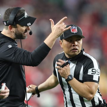 Jan 15, 2024; Tampa, Florida, USA; Philadelphia Eagles head coach Nick Sirianni pleads with the officials during the first half of a 2024 NFC wild-card game against the Tampa Bay Buccaneers at Raymond James Stadium. Nathan Ray Seebeck-USA TODAY Sports