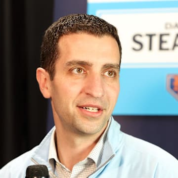 Feb 15, 2024; Tampa, FL, USA; New York Mets president of baseball operations David Stearns talks with media at George M. Steinbrenner Field. Mandatory Credit: Kim Klement Neitzel-Imagn Images