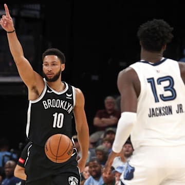 Feb 26, 2024; Memphis, Tennessee, USA; Brooklyn Nets guard Ben Simmons (10) gives direction as he brings the ball up the court during the second half against the Memphis Grizzlies at FedExForum. Mandatory Credit: Petre Thomas-Imagn Images