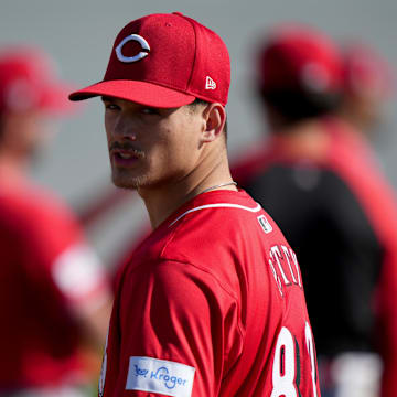 Feb 15, 2024; Goodyear, AZ, USA; Cincinnati Reds non-roster invitee pitcher Chase Petty (83) looks behind him during spring training workouts. Mandatory Credit: Kareem Elgazzar-Imagn Images