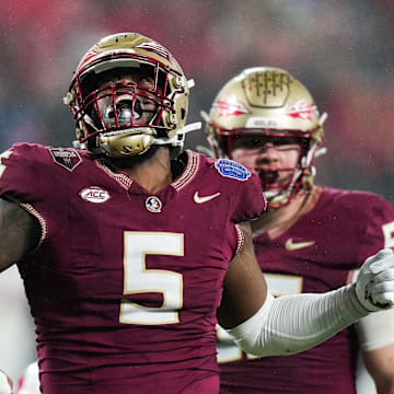 Dec 2, 2023; Charlotte, NC, USA; Florida State Seminoles defensive lineman Jared Verse (5) reacts during the fourth quarter against the Louisville Cardinals at Bank of America Stadium. Mandatory Credit: Jim Dedmon-Imagn Images