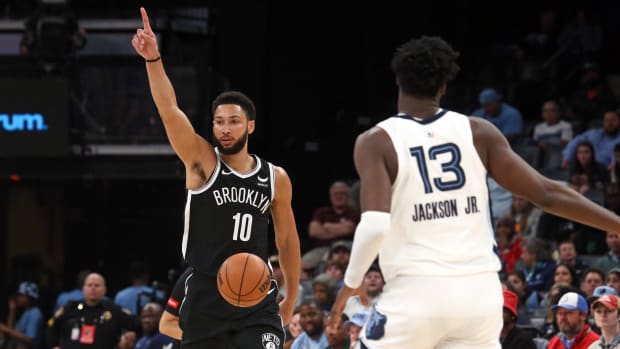 Feb 26, 2024; Memphis, Tennessee, USA; Brooklyn Nets guard Ben Simmons (10) gives direction