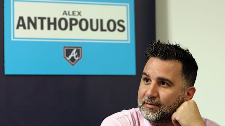 Feb 15, 2024; Tampa, FL, USA; Atlanta Braves general manager and president of baseball operations Alex Anthopoulos talks with media at George M. Steinbrenner Field. Mandatory Credit: Kim Klement Neitzel-Imagn Images