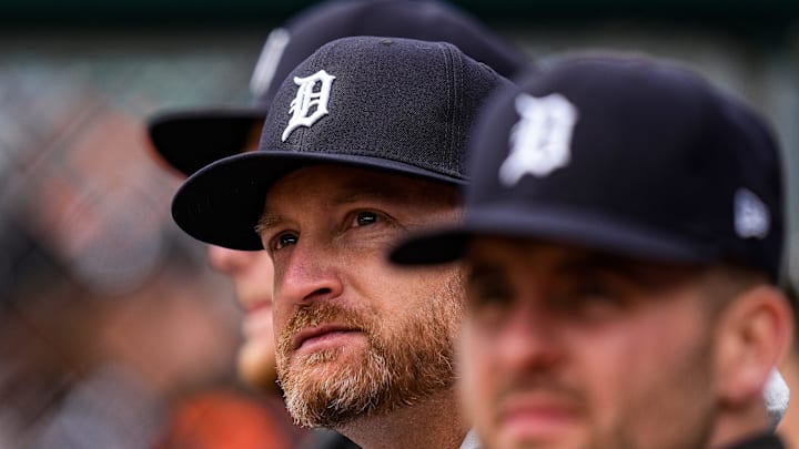 Detroit Tigers pitcher Alex Cobb watches a play against Chicago White Sox during the third inning of home opening day Comerica Park in Detroit on Friday, April 4, 2025.