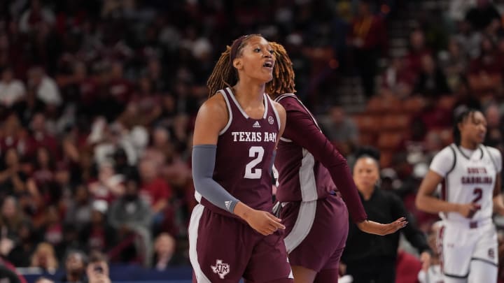 Mar 8, 2024; Greensville, SC, USA; Texas A&M Aggies forward Janiah Barker (2) reacts to a foul call during the second half against the South Carolina Gamecocks at Bon Secours Wellness Arena. Mandatory Credit: Jim Dedmon-USA TODAY Sports