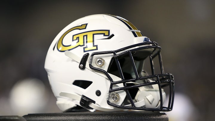 Nov 21, 2019; Atlanta, GA, USA; Georgia Tech Yellow Jackets helmet is seen on the sideline in the first half against the North Carolina State Wolfpack at Bobby Dodd Stadium. Mandatory Credit: Brett Davis-Imagn Images