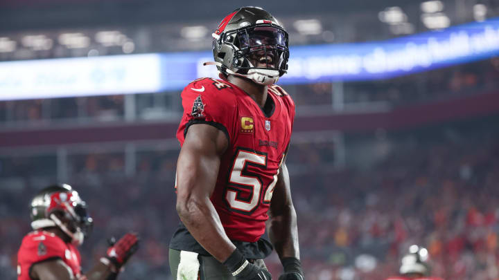 Jan 15, 2024; Tampa, Florida, USA; Tampa Bay Buccaneers linebacker Lavonte David (54) reacts after a safety against the Philadelphia Eagles during the second half of a 2024 NFC wild card game at Raymond James Stadium. Mandatory Credit: Kim Klement Neitzel-USA TODAY Sports