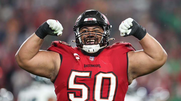 Jan 15, 2024; Tampa, Florida, USA; Tampa Bay Buccaneers defensive tackle Vita Vea (50) reacts after a play against the Philadelphia Eagles during the second half of a 2024 NFC wild card game at Raymond James Stadium. Mandatory Credit: Nathan Ray Seebeck-Imagn Images