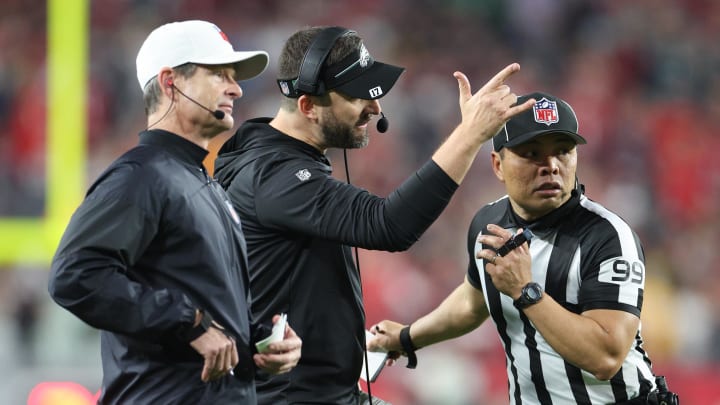 Jan 15, 2024; Tampa, Florida, USA; Philadelphia Eagles head coach Nick Sirianni pleads with the officials during the first half of a 2024 NFC wild-card game against the Tampa Bay Buccaneers at Raymond James Stadium. Nathan Ray Seebeck-USA TODAY Sports