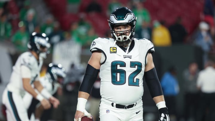 Jan 15, 2024; Tampa, Florida, USA;Philadelphia Eagles center Jason Kelce (62) warms up before a 2024 NFC wild card game against the Tampa Bay Buccaneers at Raymond James Stadium. Mandatory Credit: Kim Klement Neitzel-USA TODAY Sports