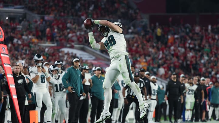  Philadelphia Eagles tight end Dallas Goedert (88) makes a catch against the Tampa Bay Buccaneers during the second half of a 2024 NFC wild-card game.