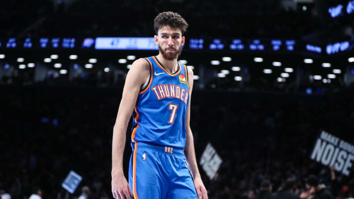 Jan 5, 2024; Brooklyn, New York, USA;  Oklahoma City Thunder forward Chet Holmgren (7) checks back into the game in the third quarter against the Brooklyn Nets at Barclays Center. Mandatory Credit: Wendell Cruz-USA TODAY Sports