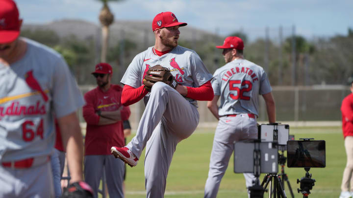 Feb 15, 2024; Jupiter, FL, USA;  St. Louis Cardinals relief pitcher Nick Robertson (29) pitches during workouts at spring training. Mandatory Credit: Jim Rassol-USA TODAY Sports