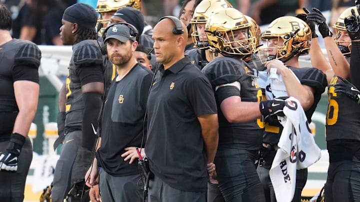 Baylor Bears head coach Dave Aranda reacts on the sidelines against the Auburn Tigers during the first half at McLane Stadium