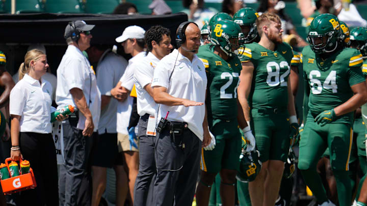 Sep 13, 2025; Waco, Texas, USA;  Baylor Bears head coach Dave Aranda reacts during the second half against the Samford Bulldogs at McLane Stadium. Mandatory Credit: Chris Jones-Imagn Images